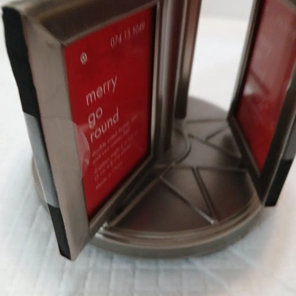 VTG Merry Go Round Double Sided Frame Spin & Unit 360° 2×3 Photos Metal Pewter